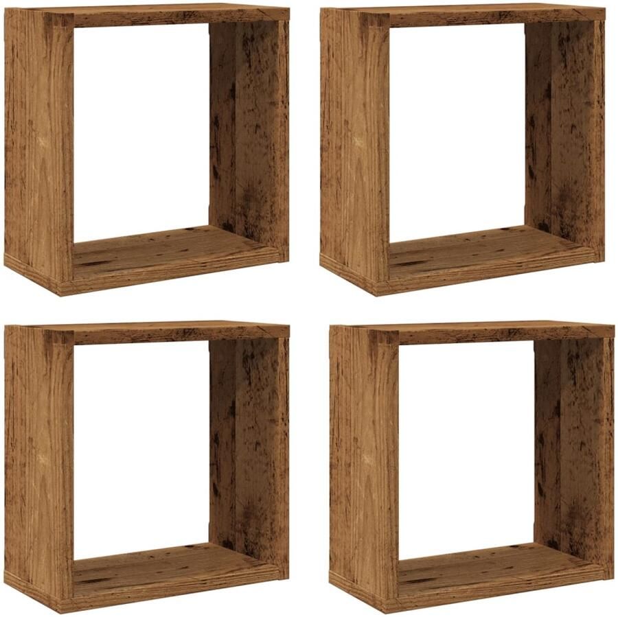 The Living Store Wandschappen kubus 4 st 30x15x30cm bewerkt hout oud houtkleurig Kubus Wandschapsysteem Houten Wandplank Opbergwand Decoratieve Wanddecoratie Vintage Stijl