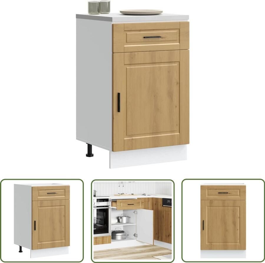 The Living Store Keuken onderkast Porto bewerkt hout artisanaal eikenkleur Keukenonderkast Houten Keukenmeubel Artisianale Eik Bergruimte Keuken Keukenopslag