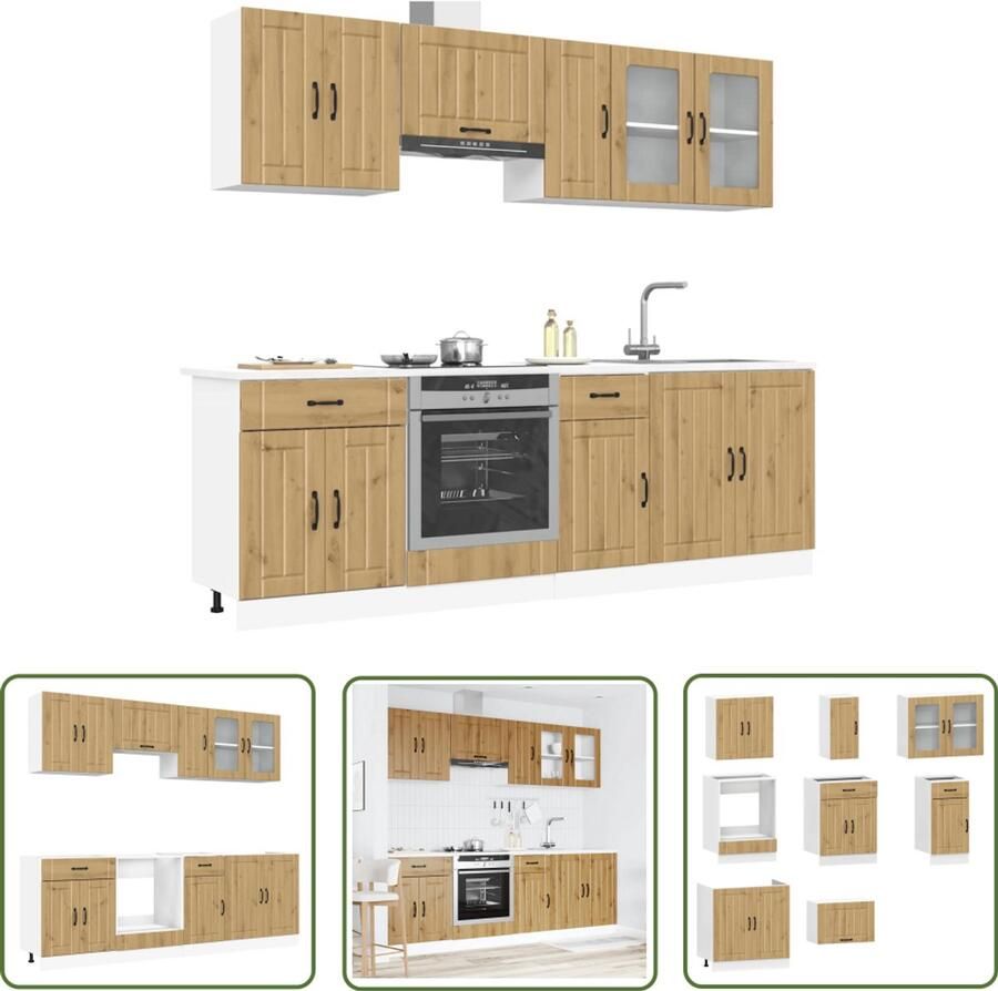 VidaXL 8-delige Keukenkastenset Kalmar bewerkt hout artisanaal eiken Keukenkasten Houten Keukenkasten Keukenkastenserie Artisan Eiken Opslagoplossing