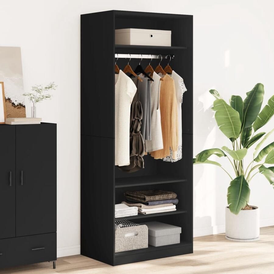 The Living Store Kledingkast 80x50x200 cm bewerkt hout zwart Kledingkast Houten Kledingkast Zwarte Kledingkast Garderobe Kledingopbergers