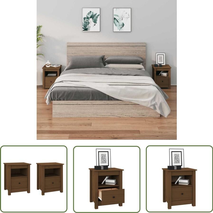 The Living Store Houten nachtkastjes Massief grenenhout 40 x 35 x 49 cm Honingbruin Nachtkastjes Houten Meubilair Grenenhout Bijzettafels Salontafel - Foto 2