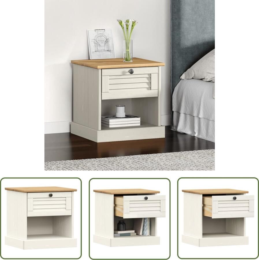 The Living Store VIGO Nachtkastje Houten nachtkastje met lade en vak Massief grenenhout Wit 42 x 35 x 40 cm Nachtkastje Houten Nachtkastje Grenenhout Nachtkastje Wit Nachtkastje Met Lade - Foto 2