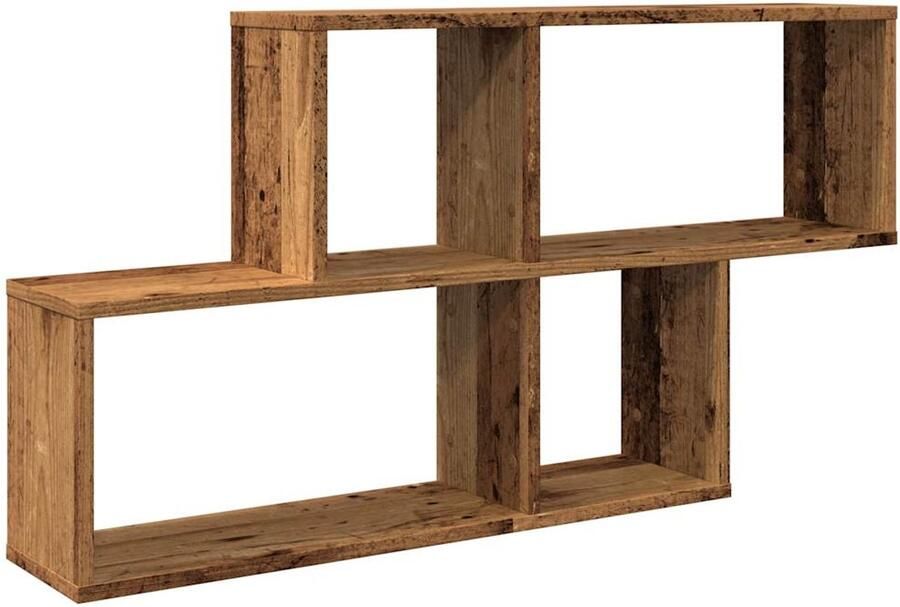 The Living Store Wandschap 100x18x53 cm bewerkt hout oud houtkleurig Wandschap Houten Kast Opbergkast Wandplank Vintage Meubels