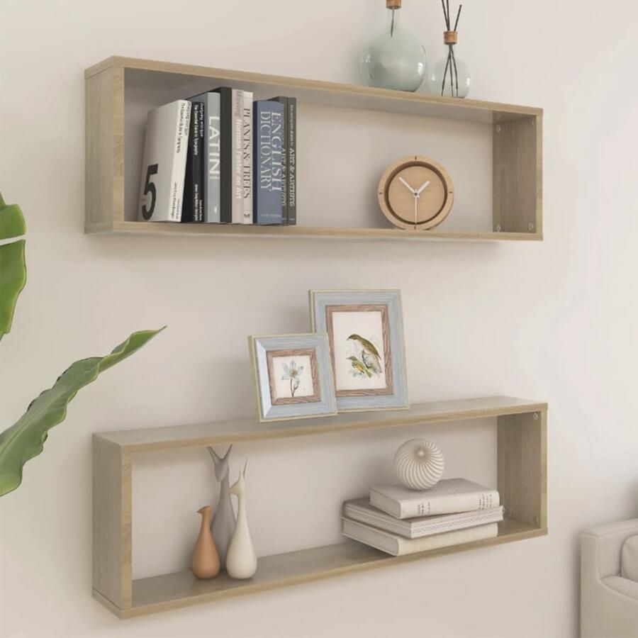 The Living Store Wandschappen kubus 2 st 100x15x30 cm bewerkt hout sonoma eiken Wanddecoratie Houten Wandplank Kubusschilderij Salontafel Accessoires Badkameraccessoires
