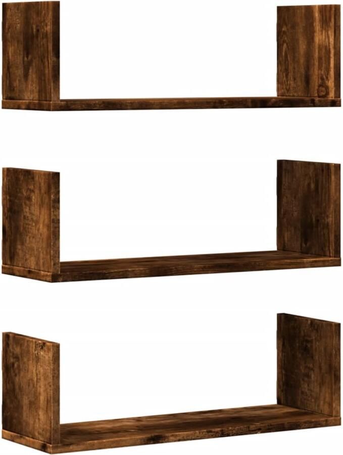 The Living Store Wandschappen 3 st 58x18x18 cm bewerkt hout gerookt eikenkleurig Zwevende Wandenplank Wandplanken Set Houten Plankjes Bergruimte Muur Decoratieve Wanddecoratie