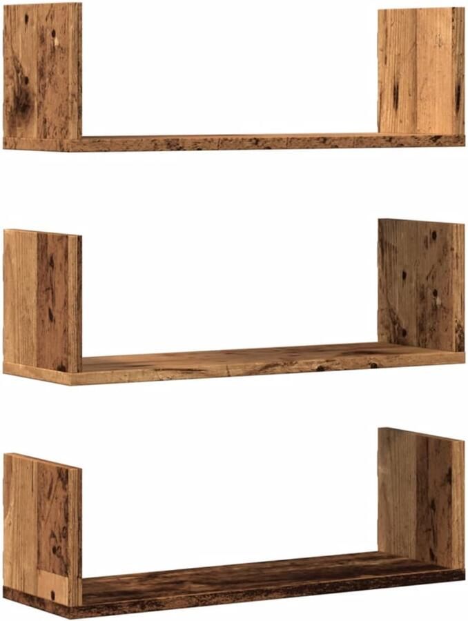 The Living Store Wandschappen 3 st 58x18x18 cm bewerkt hout oud houtkleurig Zwevende Wandenplank Houten Wandenplank Vintage Plank Badkamerkast Keukenkast