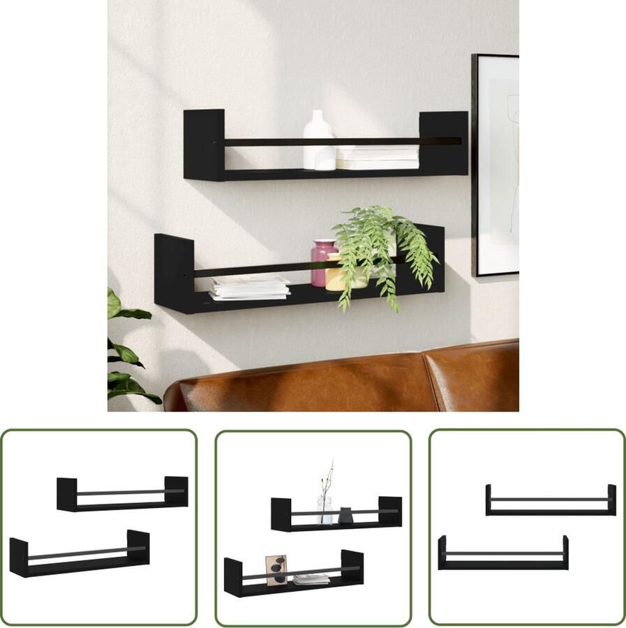 The Living Store Wandschappen met stangen 2 st 60x16x14 cm zwart Zwevende Wandenplanken Houten Wanddecoratie Wandopbergers Wandkasten Design Wandplanken