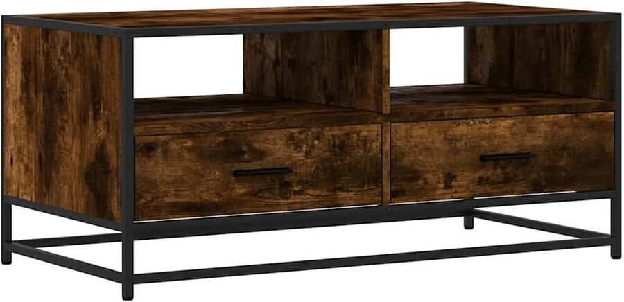 The Living Store Salontafel 100x50x45 cm bewerkt hout en metaal gerookt eiken Salontafel Houten Salontafel Industrieel Design Bijzettafel Opbergruimte