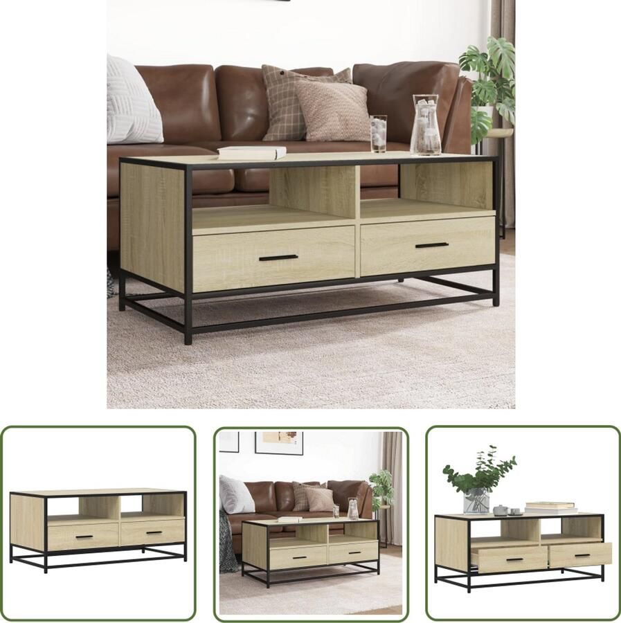 The Living Store Salontafel 100x50x45 cm bewerkt hout en metaal sonoma eiken Salontafel Houten Salontafel Metaalsalontafel Industrieels Meubilair Tv Tafeltje