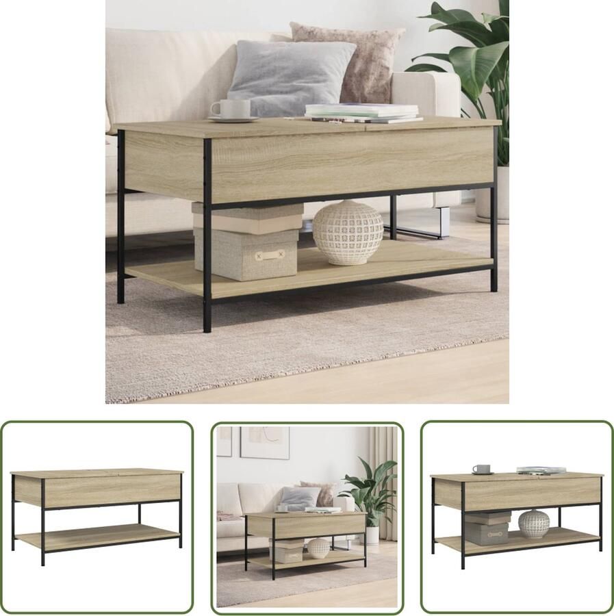 The Living Store Salontafel 100x50x50 cm bewerkt hout en metaal sonoma eiken Salontafel Eikenhouten Meubilair Woonkamerdecoratie Opbergruimte Multifunctionele Tafel