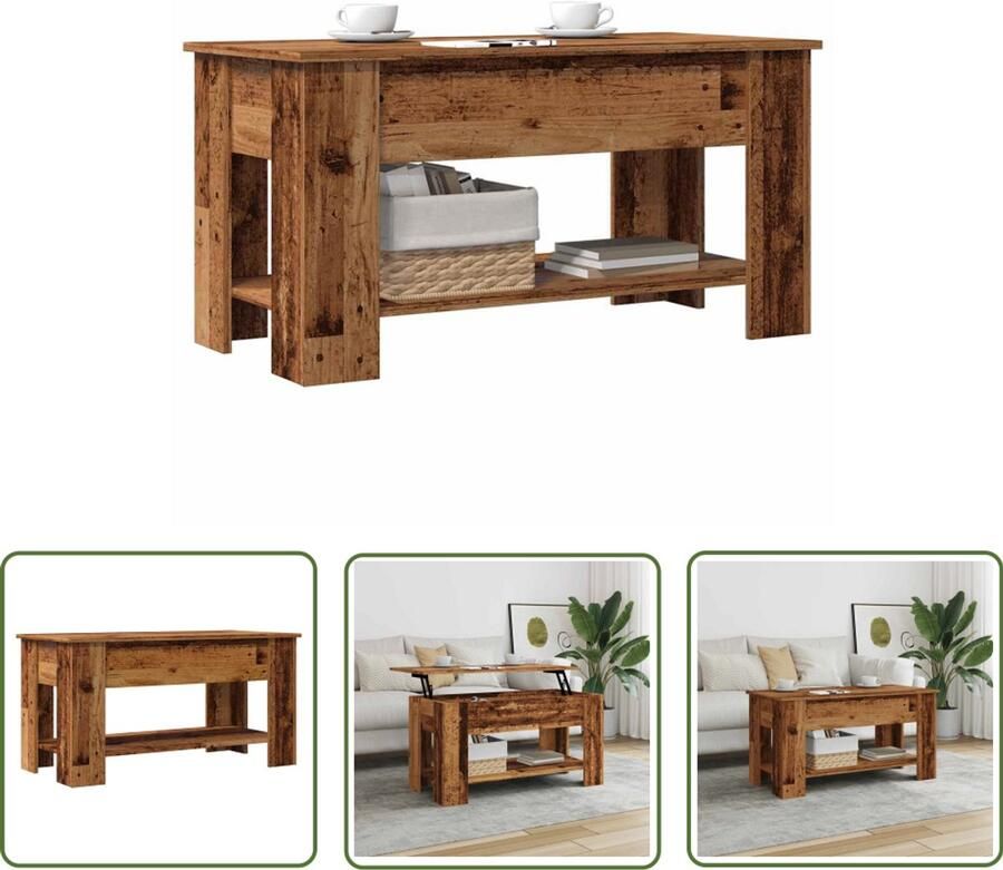 The Living Store Salontafel 101x49x52 cm bewerkt hout oud houtkleurig Salontafel Lift Top Tafel Multifunctionele Tafel Houten Salontafel Opbergtafel