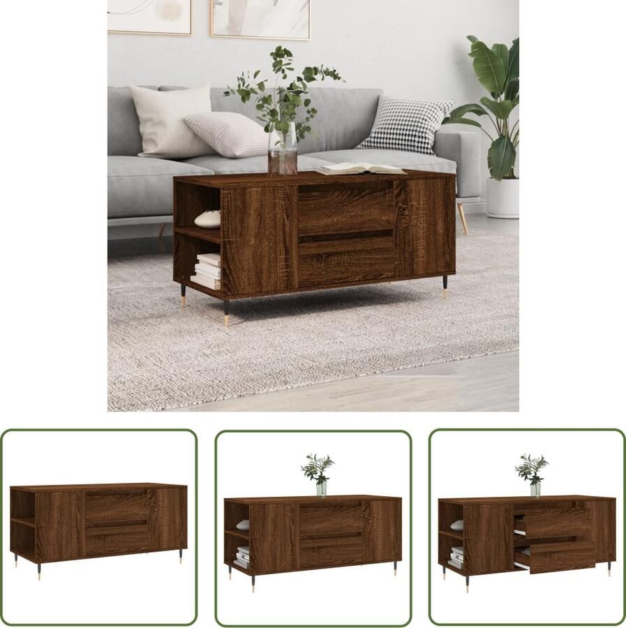 The Living Store Salontafel Bruineiken 102 x 44.5 x 50 cm Met lades vakken metalen poten Salontafel Houten Salontafel Bruin Eiken Salontafel Tv Tafellaar Salontafeltje