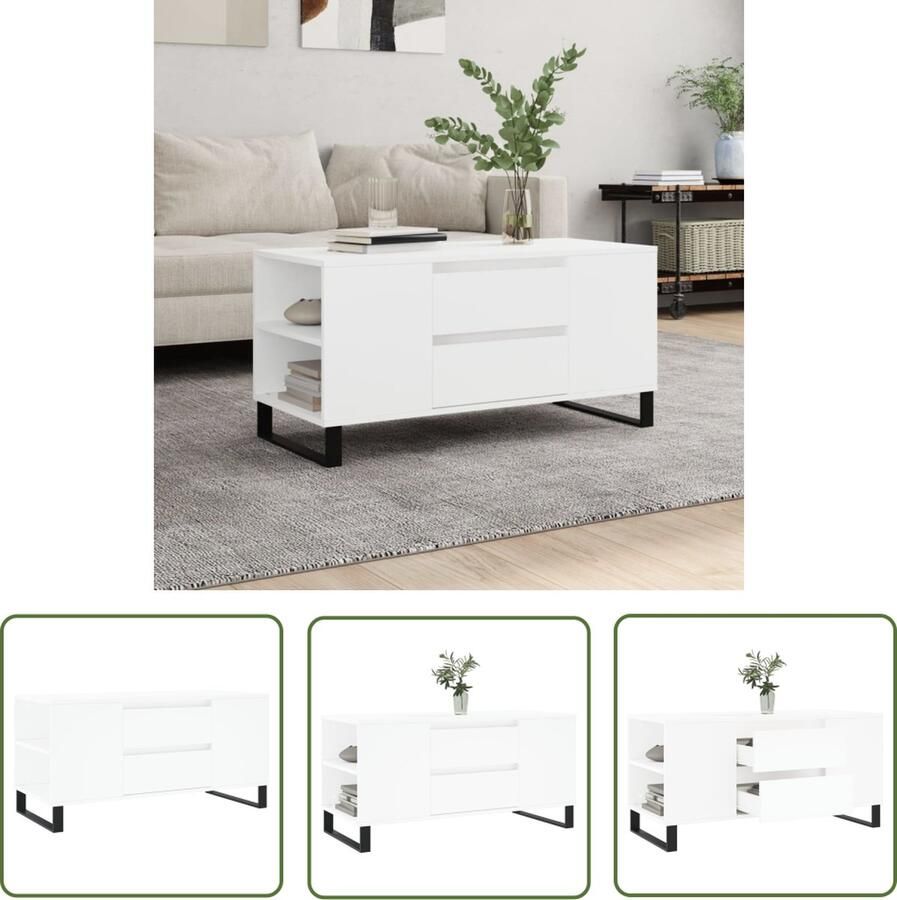 The Living Store Salontafel Wit 102 x 44.5 x 50 cm Bewerkt hout en metaal Salontafel Houten Salontafel Wit Salontafel Met Lade Salontafel Met Opbergvakken