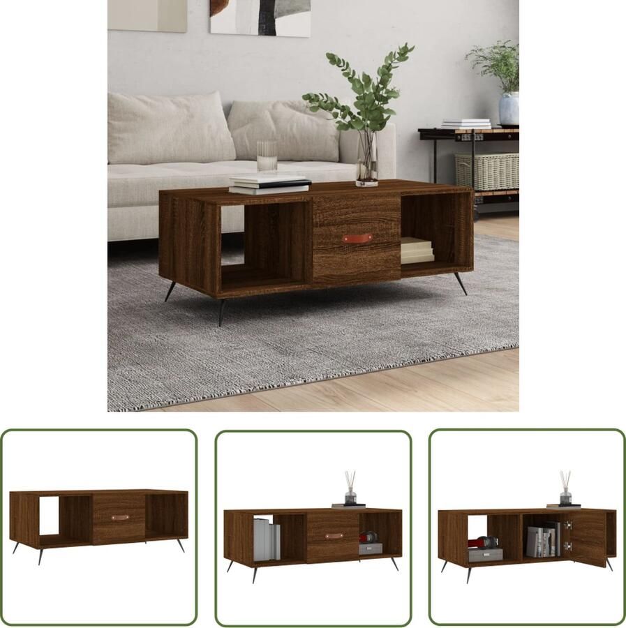 The Living Store Salontafel Bruineiken 102x50x40 cm Duurzaam bewerkt hout 3 vakken Stevig tafelblad Praktische deur IJzeren poten Salontafel Houten Salontafel Bruine Salontafel Met Lade Salontafel Met Opbergvak