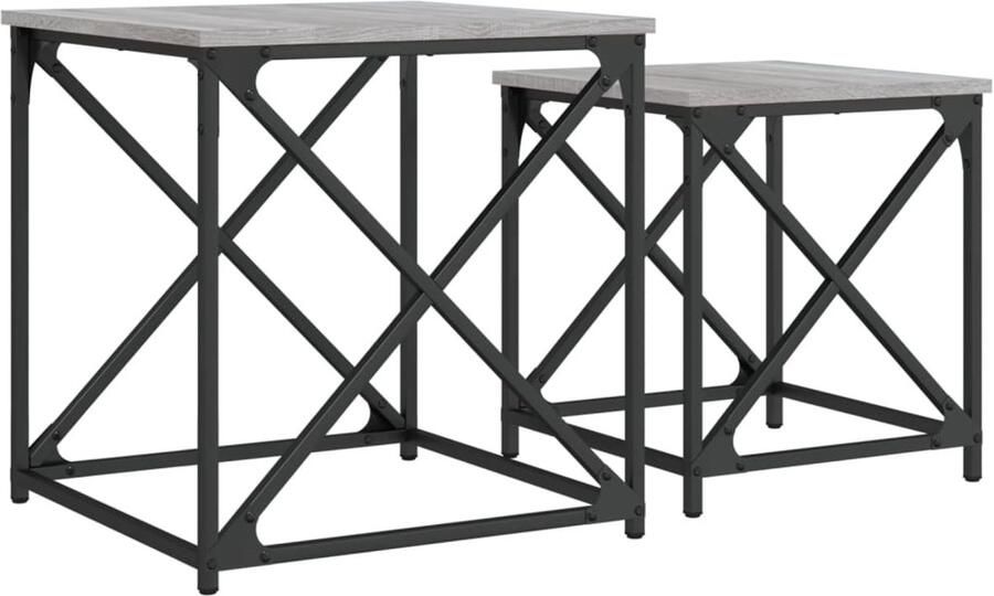The Living Store 2-delige Tafeltjesset bewerkt hout grijs sonoma eikenkleurig Tafels Salontafeltjes Nestkasten Houten Meubilair Industriële Stijl