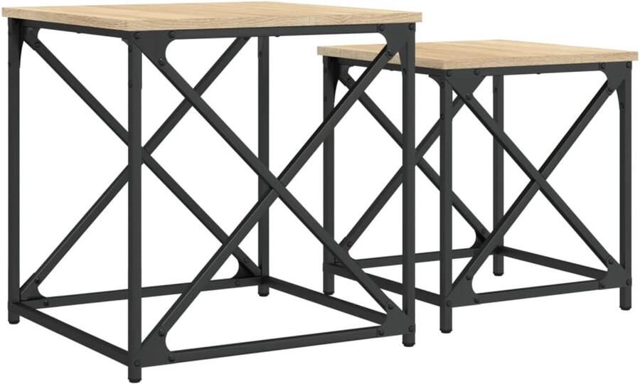 The Living Store 2-delige Tafeltjesset bewerkt hout sonoma eikenkleurig Tafels Gigogne Salontafel Houten Meubilair Industriële Stijl