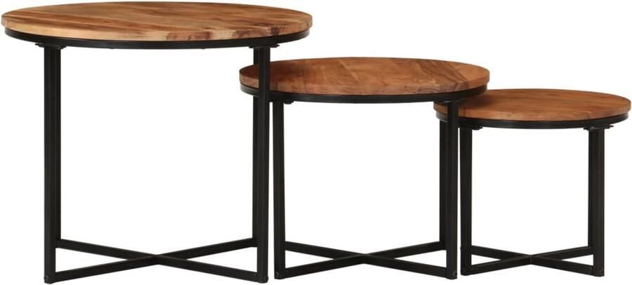 The Living Store 3-delige Salontafelset massief acaciahout en ijzer Salontafels Houten Salontafeltjes Nestkasten Acacia Meubilair Multifunctionele Tafels