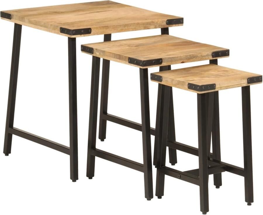VidaXL Nesttafel Nesttafels Bijzettafel Banktafel 3-delige Salontafelset massief mangohout en ijzer