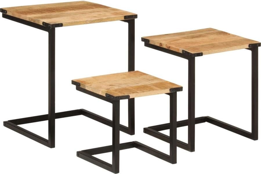 VidaXL 3-delige Salontafelset massief mangohout en ijzer Salontafel Houten Salontafel Mangoholztas Industrieel Interieur Vintage Salontafel