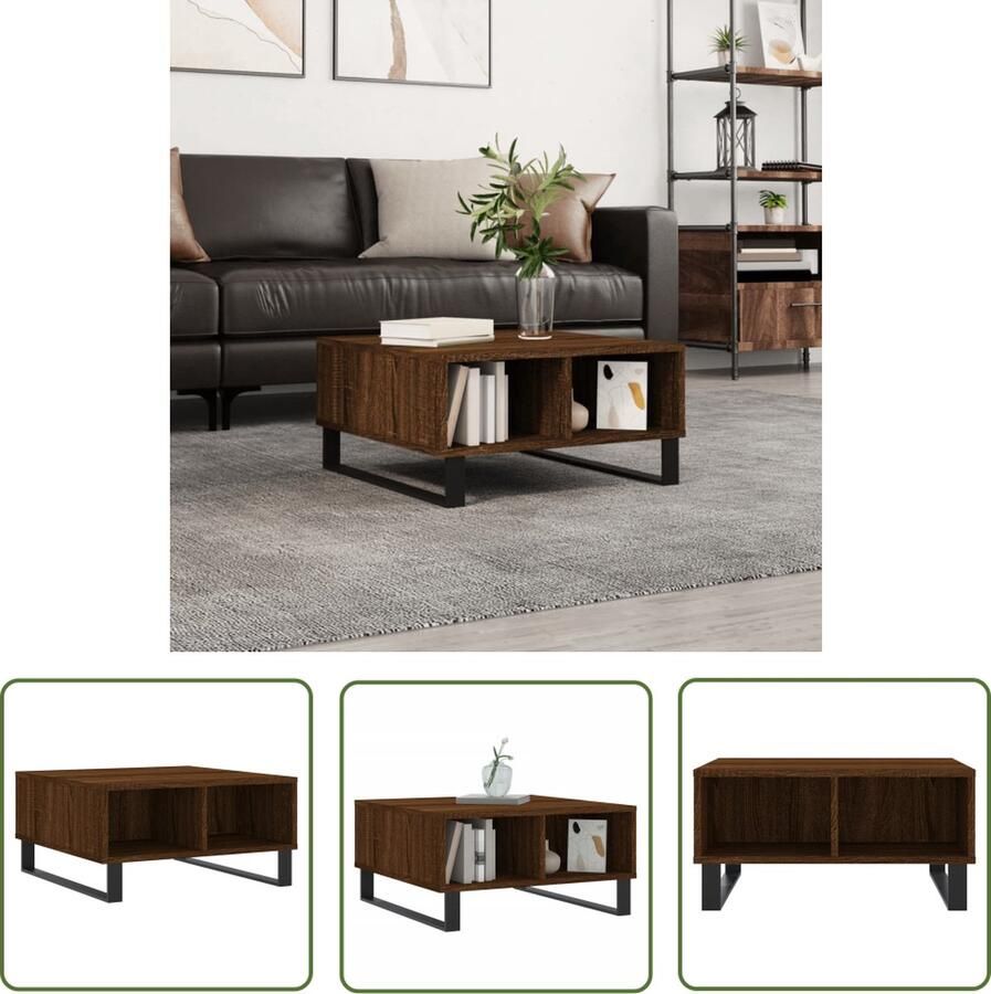 The Living Store Salontafel Bruineiken 60x60x30 cm Bewerkt hout en ijzer Salontafel Houten Salontafel Bruine Salontafel Bijzettafel Koffietafel - Foto 2