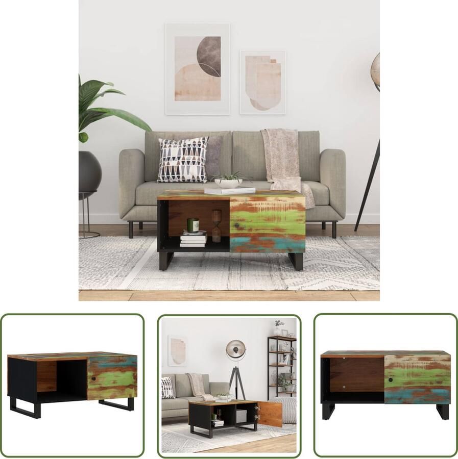 The Living Store Salontafel 80x50x40 cm massief gerecycled hout en bewerkt hout Salontafel Houten Salontafel Multifunctionele Salontafel Vintage Salontafel Industriële Salontafel - Foto 2
