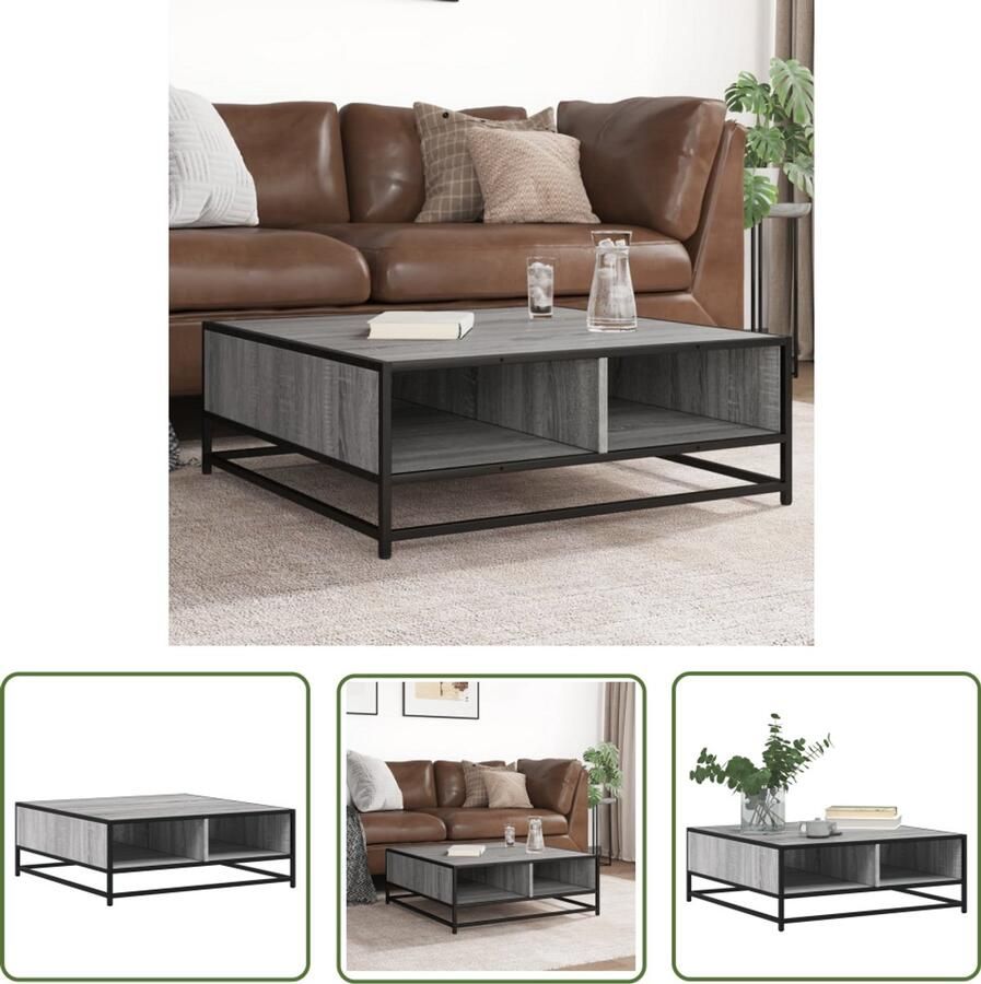 The Living Store Salontafel 80x80x30 cm bewerkt hout en metaal grijs sonoma Salontafel Houten Salontafel Metalen Salontafel Industrieel Design Opbergruimte