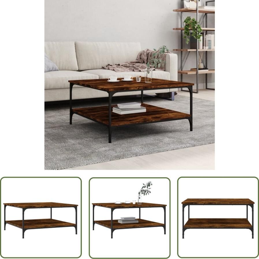 The Living Store Salontafel 80x80x40 cm bewerkt hout gerookt eikenkleurig Salontafel Houten Salontafel Met Vakken Bruine Salontafel Gerookte Eiken Salontafel