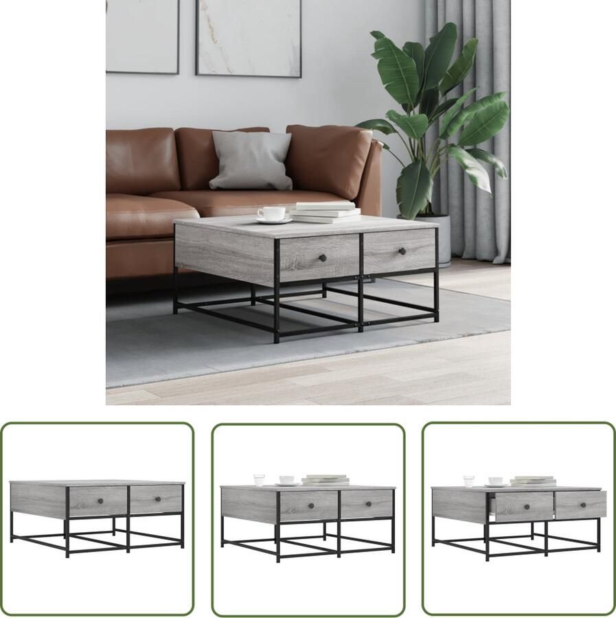 The Living Store Salontafel 80x80x40 cm bewerkt hout grijs sonoma eikenkleurig Salontafel Houten Salontafel Grijze Salontafel Met Lade