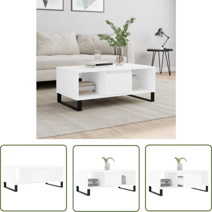 The Living Store Salontafel Houten Bijzettafel met Lade en 2 Vakken 90x50x36.5cm Wit Salontafel Houten Salontafel Bijzettafel Witte Salontafel Woonkamer Meubilair