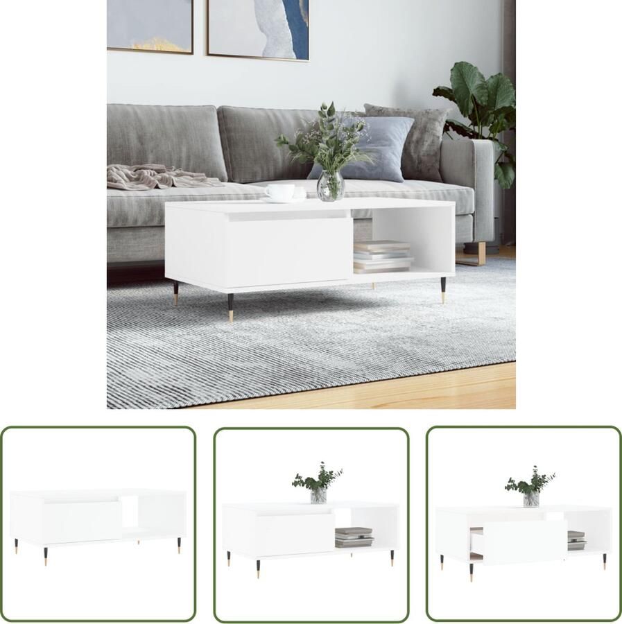 The Living Store Salontafel Trendy bijzettafel 90 x 50 x 36.5 cm bewerkt hout Salontafel Bijzettafel Houten Tafel Witte Tafel Design Tafel - Foto 2