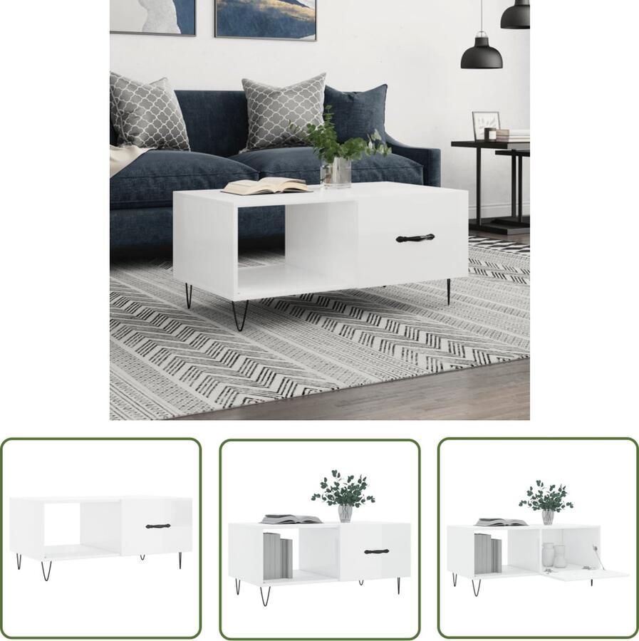 The Living Store Salontafel Hoogglans wit 90 x 50 x 40 cm Bewerkt hout en ijzer Salontafel Houten Salontafel Witte Salontafel Modern Salontafel Elegante Salontafel - Foto 2