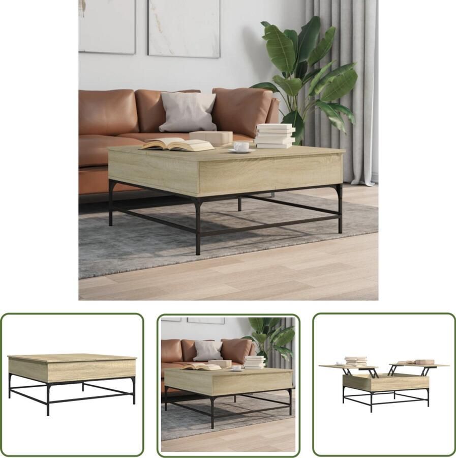 The Living Store Salontafel 95x95x45 cm bewerkt hout en metaal sonoma eikenkleur Salontafel Houten Salontafel Eiken Salontafel Lift Top Tafel Tv Tafellaar