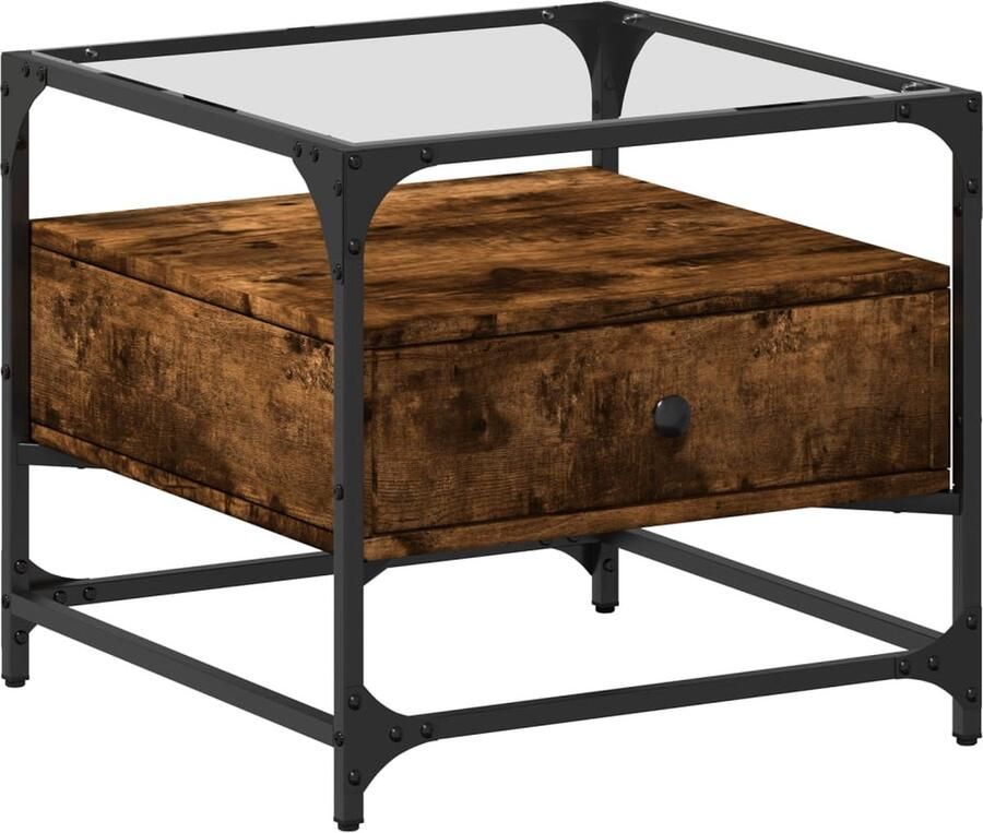 The Living Store Salontafel met glazen blad 50x50x45 cm gerookt eiken staal Salontafel Moderne Stijl Houten Salontafel Tafellamp Koffietafel