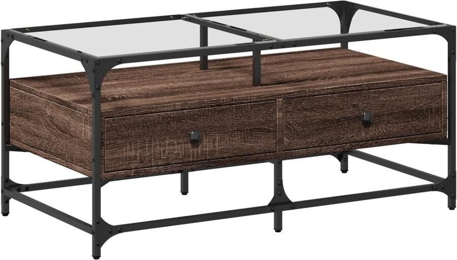 VidaXL Salontafel met glazen blad 98 5x50x45 cm sonoma eiken staal Salontafel Salontafels Bijzettafel Banktafel