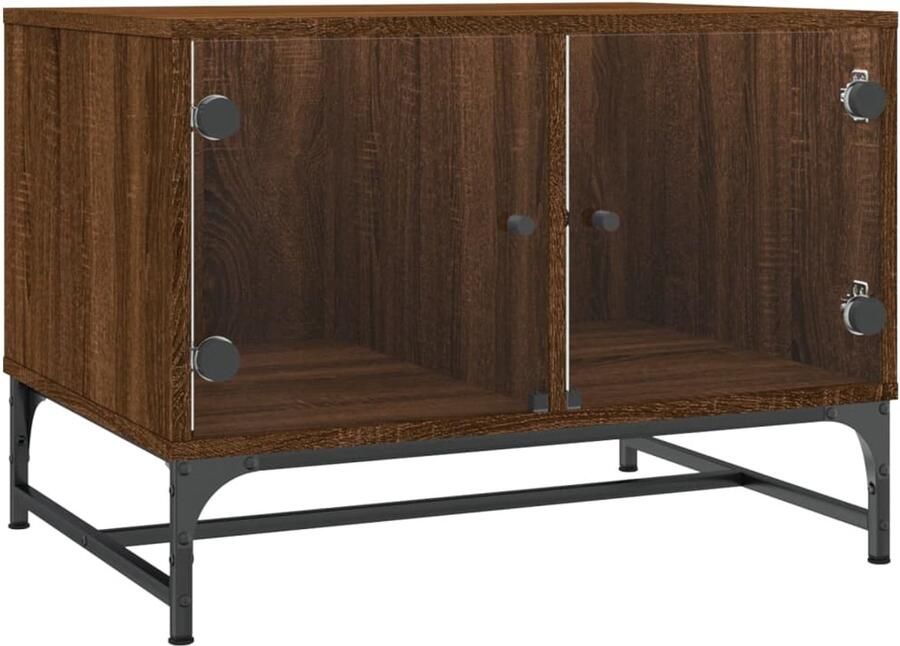 The Living Store Salontafel met glazen deuren 68 5x50x50 cm gerookt eikenkleurig Salontafel Houten Salontafel Tv Tafellaar Bijzetkast Opbergtafel