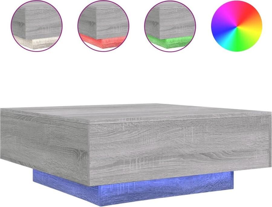 The Living Store Salontafel met LED-verlichting 80x80x31 cm grijs sonoma eiken Salontafel Led Verlichting Houten Salontafel Grijze Salontafel Tv Tafellaar