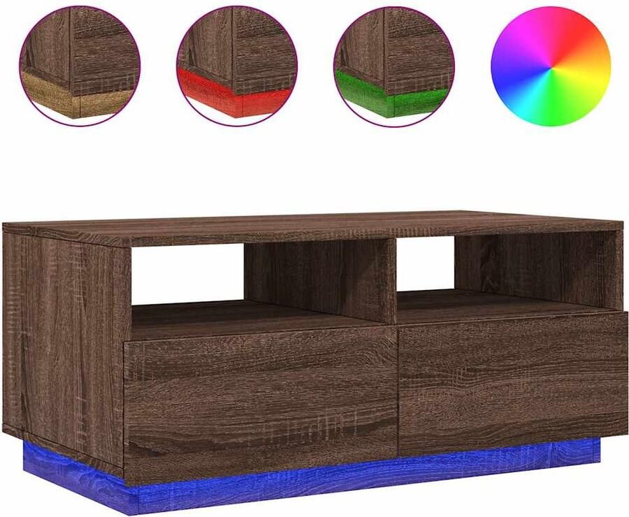 The Living Store Salontafel met LED-verlichting 90x49x40 cm bruin eikenkleur Salontafel Led Verlichting Houten Salontafel Bruine Eiken Tv Tafellaar