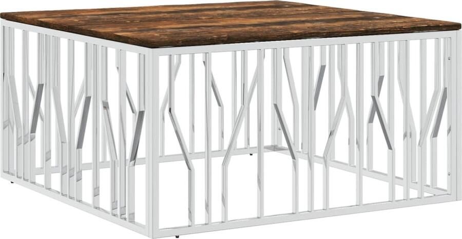 The Living Store Salontafel roestvrij staal en massief gerecycled hout zilver Salontafel Houten Salontafel Vintage Salontafel Industriële Salontafel Roestvrijstalen Salontafel