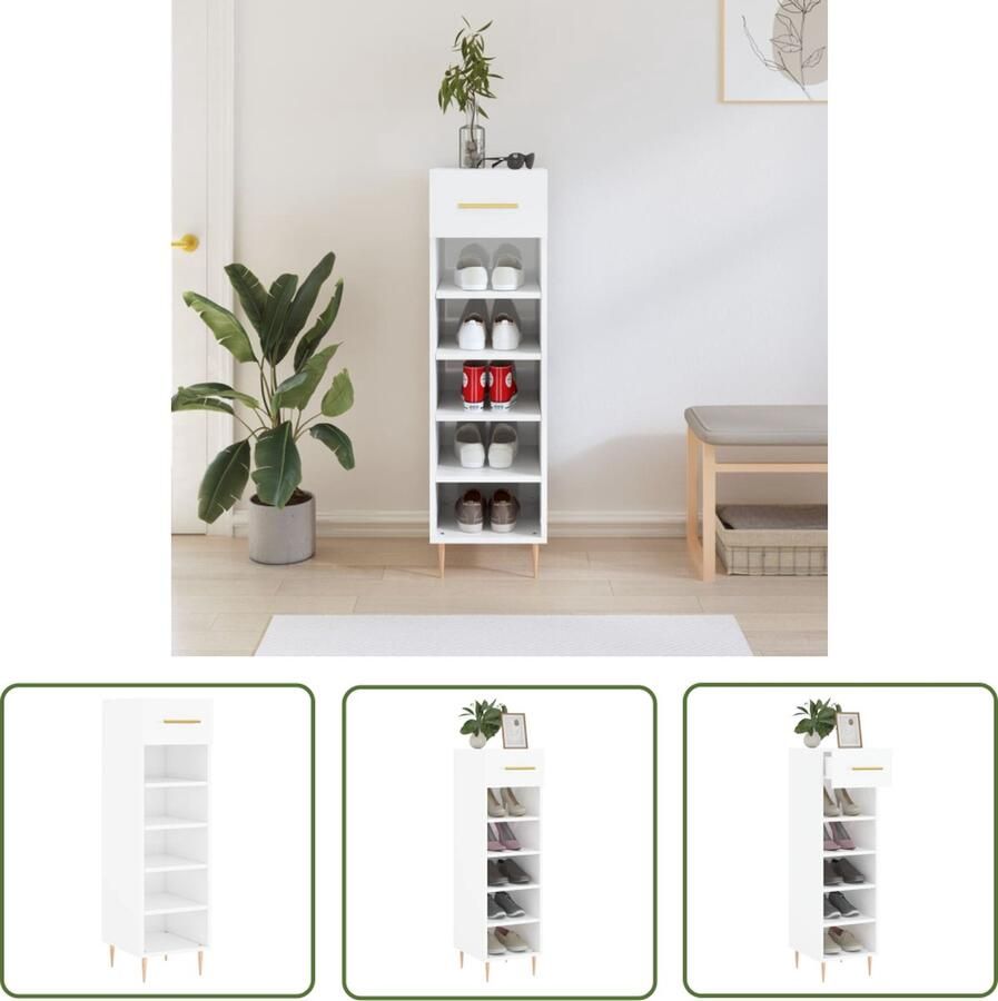The Living Store Schoenenkast 30x35x105 cm bewerkt hout hoogglans wit Schoenenkast Houten Schoenenkast Witte Schoenenkast Compacte Schoenenkast Schoenen Organisatie - Foto 2