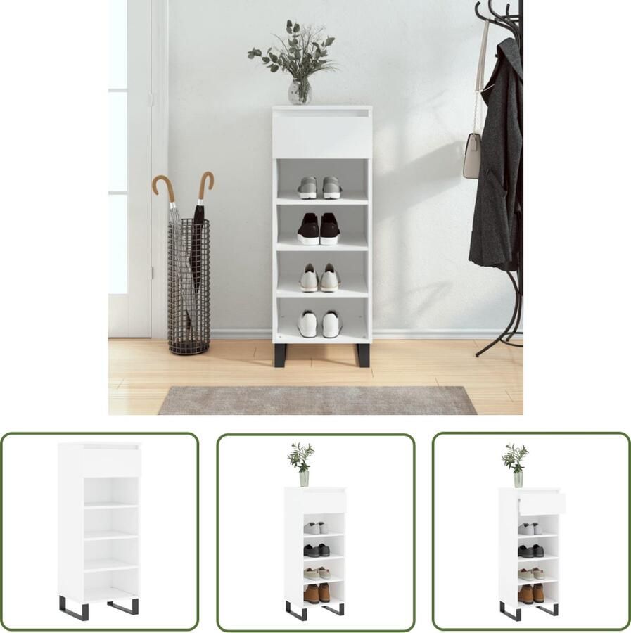 The Living Store Schoenenkast bewerkt hout wit 40x36x105 cm met lade en 4 vakken Schoenenkast Houten Schoenenkast Wit Schoenenkast Schoenen Organisatie Bergruimte