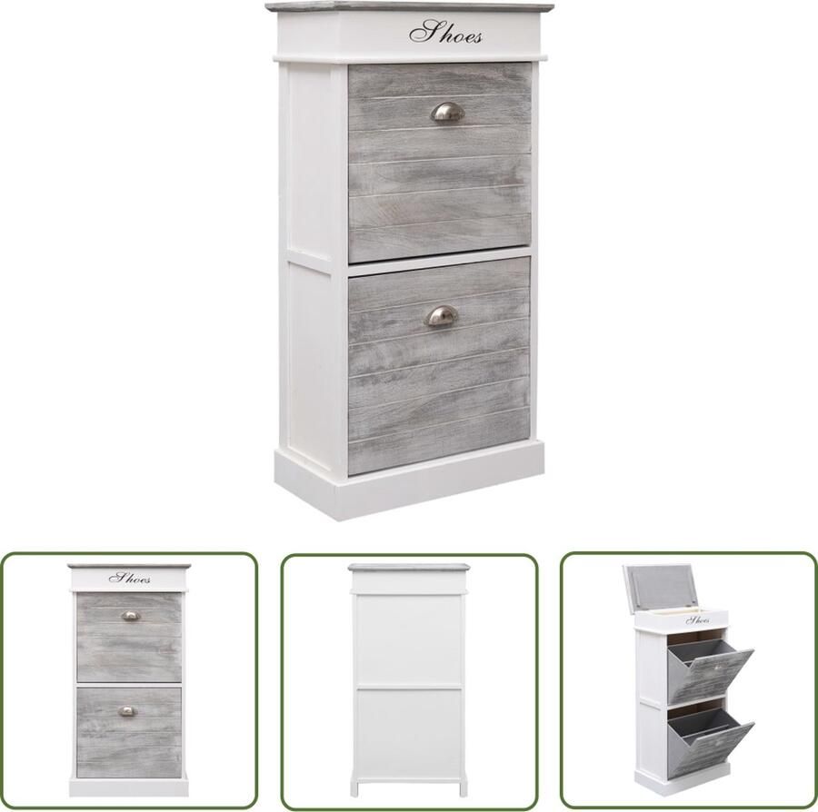 The Living Store Schoenenkast Paulowniahout 50 x 28 x 98 cm Grijs Wit Schoenenkast Houten Schoenenkast Paulownia Hout Grijze Schoenenkast Witte Schoenenkast - Foto 2