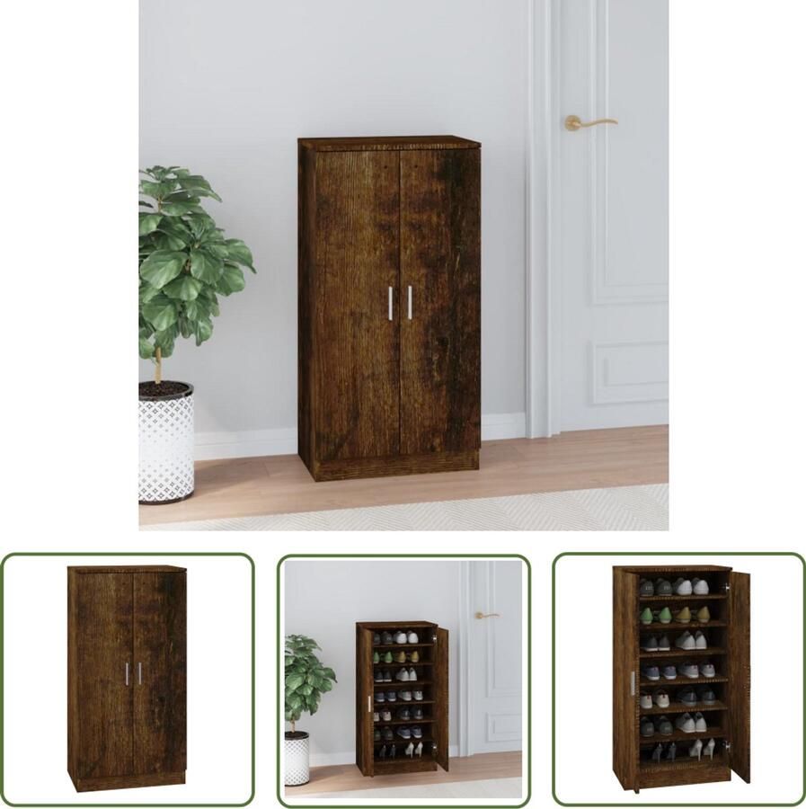 The Living Store Schoenenkast 55x35x108 cm bewerkt hout gerookt eikenkleurig Schoenenkast Houten Schoenenkast Schoenenopbergers Entree Kast Bergruimte