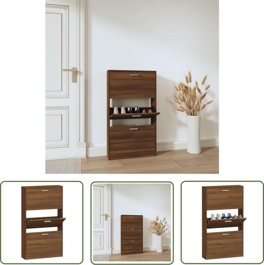 The Living Store Schoenenkast 59x17x108 cm bewerkt hout bruin eikenkleur Schoenenkast Houten Schoenenkast Eiken Schoenenkast Schoenenopbergers Entreemeubilair - Foto 2