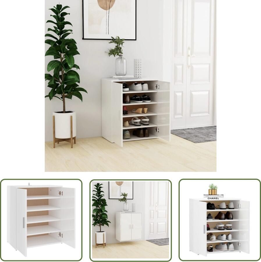 The Living Store Schoenenkast 60x35x70 cm bewerkt hout hoogglans wit Schoenenkast Houten Schoenenkast Schoenen Organisatie Schoenuitlegers Bergruimte - Foto 2
