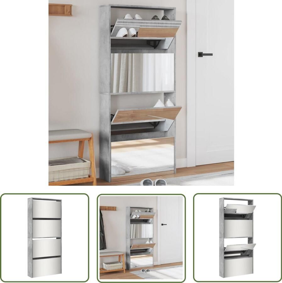 VidaXL Schoenenkast met spiegel 4-laags 63x17x134 cm betongrijs Schoenenkast Houten Schoenenkast Grijze Schoenenkast Schoenen Organisatie Bergruimte