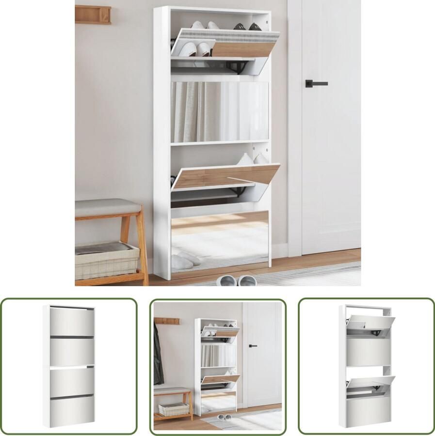 VidaXL Schoenenkast met spiegel 4-laags 63x17x134 cm hoogglans wit Schoenenkast Houten Schoenenkast Witte Schoenenkast Compacte Schoenenkast Schoenenopbergers
