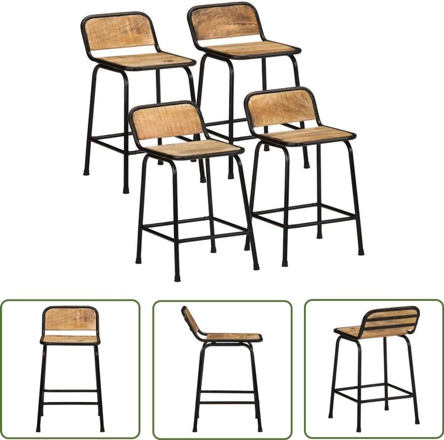 The Living Store Barkrukken 4 st 46x35 5x70 cm massief hout ruw mangohout Barkrukken Houten Stoel Keukenstoel Eetkamerstoelen Mango Wood Meubels