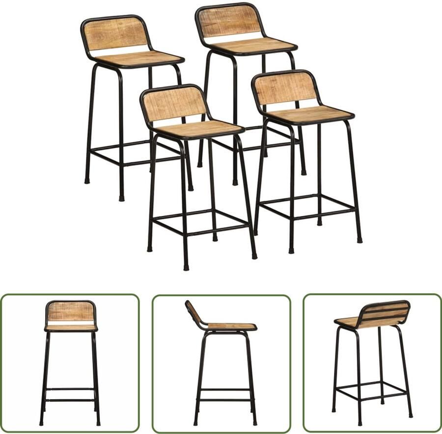 The Living Store Barkrukken 4 st 46x35 5x80 cm massief hout ruw mangohout Barkrukken Houten Stoel Keukenstoel Eetkamerstoelen Mango Wood Meubels