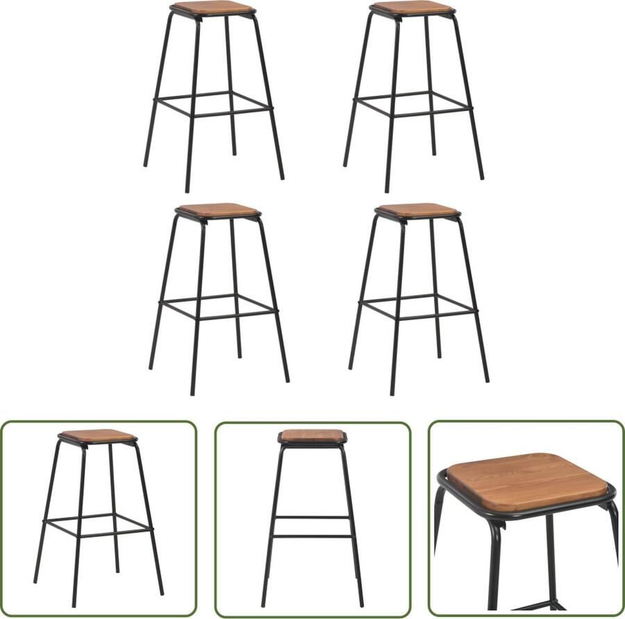 The Living Store Barkrukken 4 st massief grenenhout en staal zwart Barstühlen Houten Stoelen Zwarte Stoelen Keukentafelstoelen Eetkamerstoelen - Foto 2