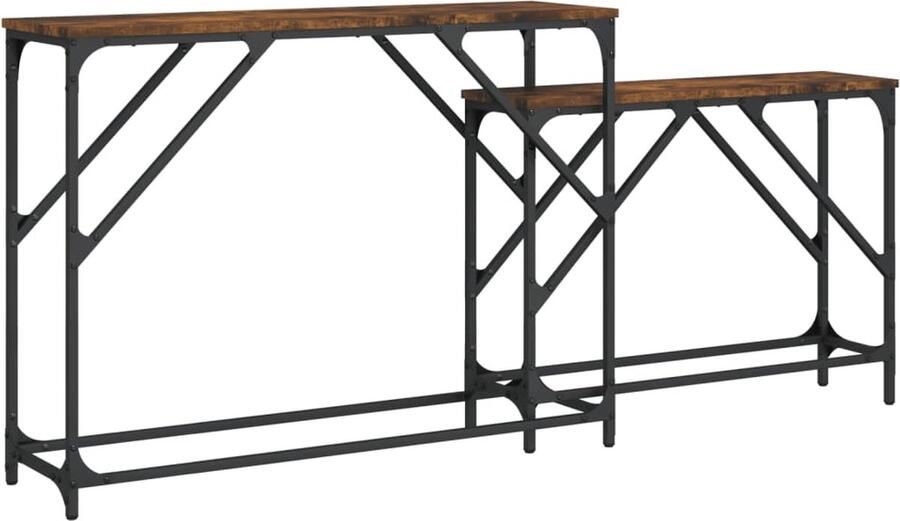 The Living Store 2-delige Tafeltjesset bewerkt hout gerookt eikenkleurig Wandtafel Industriële Stijl Houten Tafel Salontafel Entreetafel